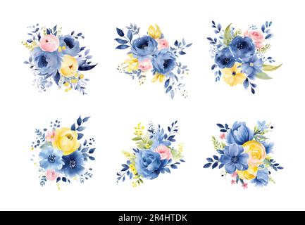Ensemble de fleurs jaunes et bleues aquarelle, vecteur vintage Illustration de Vecteur