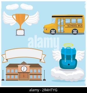 Illustration vectorielle du Trophée, du sac, du bus, de l'école et du fond bleu. Illustration de Vecteur