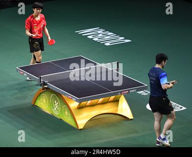 Durban, Afrique du Sud. 28th mai 2023. Le Wang Chuqin (L) de Chine réagit lors du match final des célibataires hommes contre son compatriote Fan Zhendong lors des finales des Championnats du monde de tennis de table 2023 de l'ITTF à Durban, en Afrique du Sud, en 28 mai 2023. Crédit: Li Yahui/Xinhua/Alamy Live News Banque D'Images