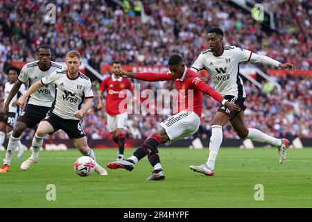 Marcus Rashford de Manchester United s’oriente vers le but lors du match de la Premier League à Old Trafford, Manchester. Date de la photo: Dimanche 28 mai 2023. Banque D'Images