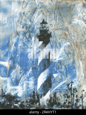 Peinture aquarelle Cape Hatteras. Décor coloré de mur de maison phare Cape Hatteras Outer Banks OBX œuvres d'art Banque D'Images