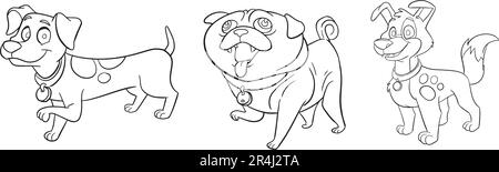 Illustration de chiens de dessin animé, style de page à colorier, icône vectorielle isolée et illustration mascotte, fond blanc. Illustration de Vecteur