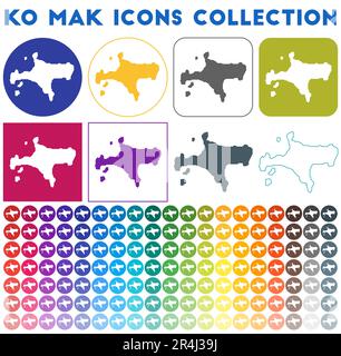Collection d'icônes Ko Mak. Icônes de carte tendance colorées et lumineuses. Badge Ko Mak moderne avec carte de l'île. Illustration vectorielle. Illustration de Vecteur