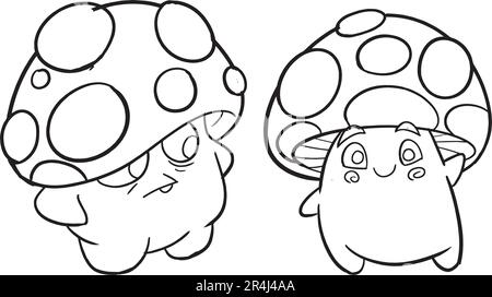 Petits champignons mignons coloriage pages. Cute plantes page pour coloriage livre bundle concept.isolé sur fond blanc. Illustration de Vecteur