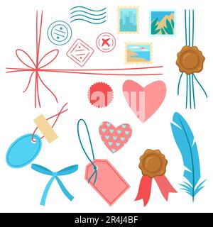 Décor romantique pour la lettre. Timbres, sceaux et autocollants pour la décoration d'enveloppes et de messages. Illustration de Vecteur