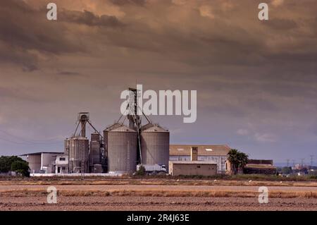 Silos avec nuages de coucher de soleil pour stocker le riz de l'Albufera de Valence Espagne. Banque D'Images