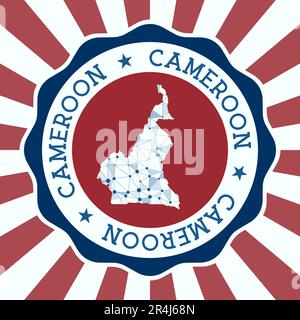 Badge Cameroun. Logo rond de pays avec carte triangulaire en maille et rayons radiaux. EPS10 vecteur. Illustration de Vecteur