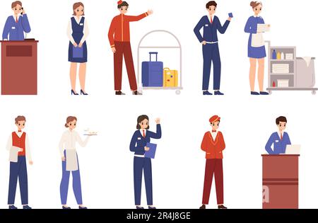 Employés du hall de l'hôtel, service d'accueil. Hôtels d'affaires, personnes en uniforme. Réception, serveur et plus propre, personnel professionnel très net Illustration de Vecteur