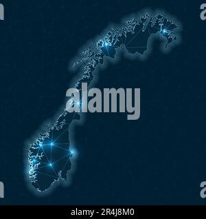 Carte du réseau de la Norvège. Carte géométrique abstraite du pays. Connexions numériques et conception de télécommunications. Réseau Internet brillant. Illustration de Vecteur