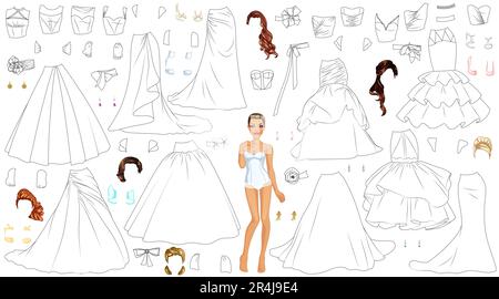 Poupée de papier de coloriage de robe de mariage avec vêtements, coiffures, chaussures et accessoires. Illustration vectorielle Illustration de Vecteur