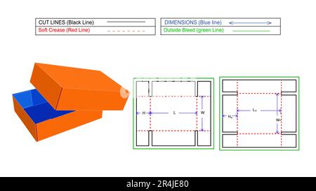 Boîte en carton, boîte pliante ondulée FEFCO301, rendu 3D et modèle de ligne de matrice avec redimensionnable Illustration de Vecteur