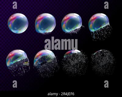 Bulle réaliste. Animation explosion 3D bulles de savon, explosion de la séquence de sphère d'eau, arc-en-ciel réflexion de l'eau goutte de l'étape de destruction transparente vecteur exact de l'eau d'éclatement de bulle Illustration de Vecteur