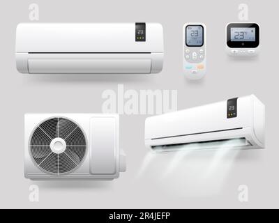 Un conditionneur réaliste. Climatiseurs avec ioniseur rafraîchissant purificateur cool aires sur l'énergie ac, système séparé de contrôle à distance de la météo dans la maison ou le bureau, illustration vectorielle exacte isolée sur gris Illustration de Vecteur