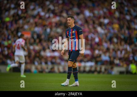 Robert Lewandowski (FC Barcelone) lors d'un match de la Liga Santander entre le FC Barcelone et le RCD Mallorca au camp Spotify Nou, à Barcelone, en Espagne, sur 28 mai 2023. (Photo / Felipe Mondino) Banque D'Images