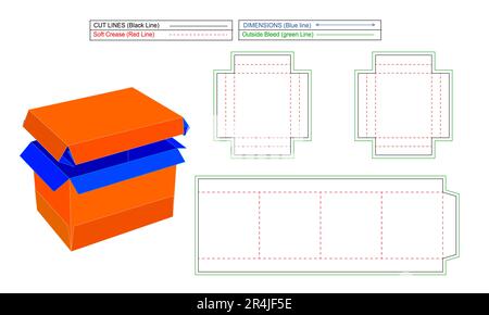 Boîte pliable supérieure et inférieure, modèle de ligne de découpe de boîte d'expédition standard ondulée et rendu 3D. Illustration de Vecteur