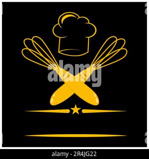 Illustration vectorielle du chapeau de chef et du logo deux fouets, fond doré, jaune et noir Illustration de Vecteur