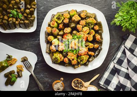 Cuisine arabe ; plat traditionnel du Moyen-Orient « Mahtid » ou « dolma ». Courgettes farcies, aubergines, tomates, poivrons et feuilles de vigne. Banque D'Images