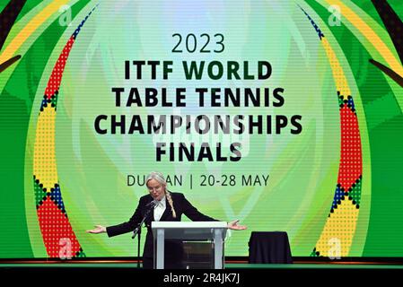 Durban, Afrique du Sud. 28th mai 2023. Petra Sorling, président de la Fédération internationale de tennis de table, s'adresse à la cérémonie de passation de pouvoir lors des finales des Championnats du monde de tennis de table 2023 de l'ITTF à Durban, en Afrique du Sud, au 28 mai 2023. Credit: Tao Xiyi/Xinhua/Alamy Live News Banque D'Images