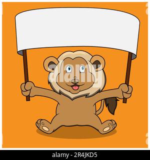 Lion avec bannière vierge, fond orange, mascotte, icône, personnage ou logo, Vecteur et illustration. Illustration de Vecteur