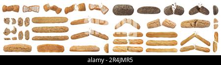 Plusieurs pains différents de pain, différentes variétés et formes isolées sur fond blanc. Pains de grande taille, coupés en tranches ou brisés Banque D'Images