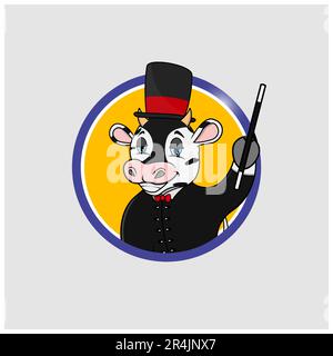 Étiquette cercle de tête de vache avec Magician Custom, fond jaune, mascotte, icône, personnage ou logo, Vecteur et illustration. Illustration de Vecteur