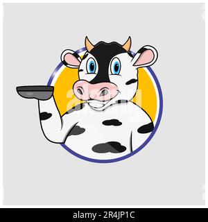 Étiquette de cercle de tête de vache avec expression de sourire drôle, fond de couleur jaune, mascotte, icône, personnage ou logo, Vecteur et illustration. Illustration de Vecteur