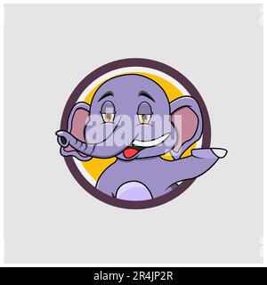 Étiquette cercle violet à tête d'éléphant avec expression de sourire de détente , couleurs jaunes fond, mascotte, icône, personnage ou logo, Vecteur et illustration. Illustration de Vecteur