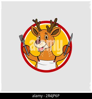 Étiquette cercle de tête de cerf avec couteau et fourchette personnalisés et à emporter par le chef, fond de couleur jaune, mascotte, icône, personnage ou logo, Vecteur et illustration. Illustration de Vecteur