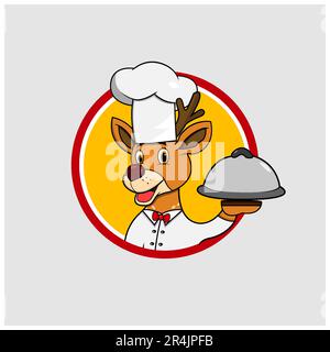 Étiquette cercle de tête de cerf avec nourriture et chef sur mesure, fond de couleur jaune, mascotte, icône, personnage ou logo, Vecteur et illustration. Illustration de Vecteur