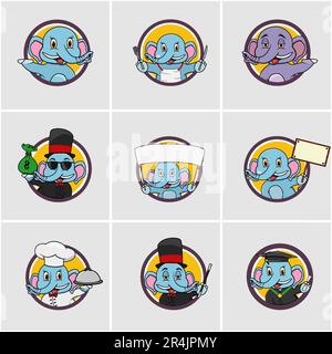 Ensemble d'étiquettes à motif cercle de tête d'éléphant mignon, fond de couleur jaune, dessin animé, mascotte, animaux, Caractère, vecteur et illustration. Illustration de Vecteur