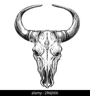Dessin de tête de crâne de vache dessiné à la main dans l'illustration de style doodle Illustration de Vecteur