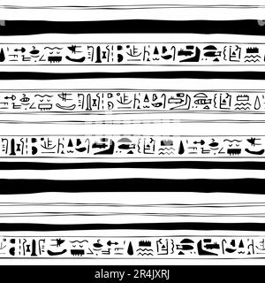 Bordure sans couture noire blanche dessinée à la main avec des symboles similaires à l'égyptien Illustration de Vecteur