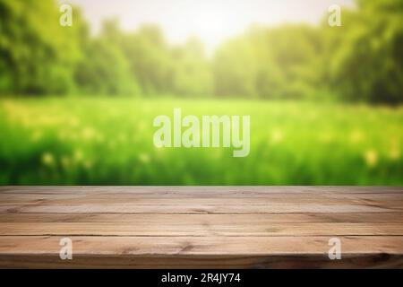 beau fond de prairie de printemps avec table en bois vide pour l'affichage des produits Banque D'Images