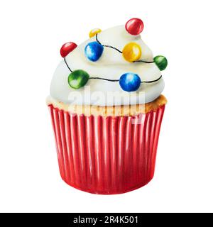 Muffin de Noël à l'aquarelle avec crème et bonbons. Nouvel an peinture manuelle rouge cupcake isolé sur fond blanc. Pour les designers, la décoration alimentaire Banque D'Images