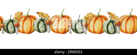 Bordure sans couture aquarelle avec citrouilles, feuilles de chêne d'automne et champignons isolés. Thanksgiving, Halloween illustration pour les designers, scrapbooking. Banque D'Images