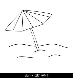 Parapluie de plage rouge et blanc dans le sable, les vacances et le concept de voyage, le style de doodle vecteur plat illustration pour enfants livre de coloriage Illustration de Vecteur