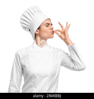 Chef féminin montrant le signe parfait sur fond blanc Banque D'Images