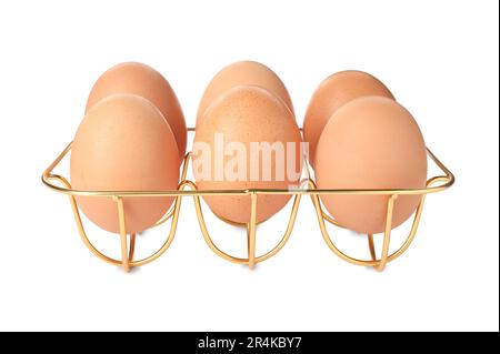 Plateau à œufs en métal doré sur fond blanc Banque D'Images