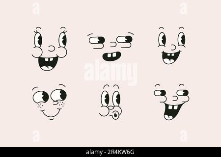 Personnages de dessin animé rétro visages drôles en 30s, 50s style mascotte. Vecteur ancienne Illustration partie du visage - yeux, nez et bouche. Caricature de Comic vintage f Illustration de Vecteur