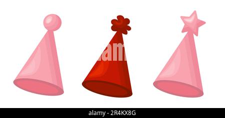Ensemble bonnet rouge et rose bonnets d'anniversaire. Chapeau pour la fête. Illustration de dessin animé vectoriel. Illustration de Vecteur