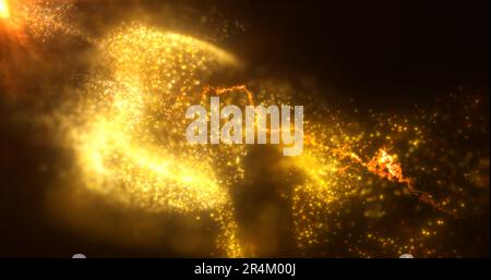 Arrière-plan abstrait de particules d'énergie de vol orange jaune flamboyante d'ondes magiques d'énergie avec effet de lueur et flou de bokeh. Banque D'Images