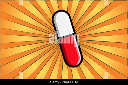 Capsule de guérison ovale rouge et blanc pharmacologique médicale, médicament pour soins de santé sur fond de rayons jaunes abstraits. Illustration vectorielle Illustration de Vecteur