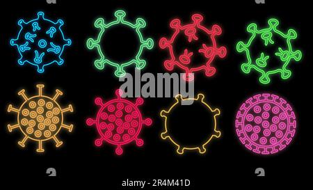 Ensemble de panneaux de néon scientifique médical lumineux et multicolore pour la pharmacie laboratoire hospitalier beau brillant avec covid 19 coronavirus pandémique v Illustration de Vecteur