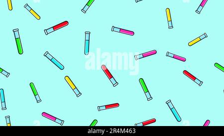 Texture sans couture des longs tubes à essai en verre de produits chimiques médicaux multi-couleurs répétitifs et sans fin de flacons de flacons sur fond bleu. Vect Illustration de Vecteur