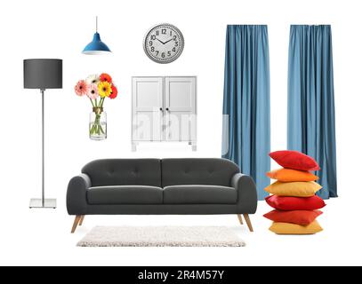 Design intérieur élégant. Différents éléments décoratifs et mobilier sur fond blanc. Collage de tableau d'humeur Banque D'Images