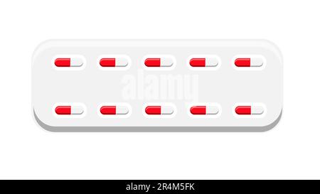 Belle médecine rouge et blanc plaques avec deux-couleurs pilules capsules avec la poudre de médicament pour le traitement des maladies pharmaceutiques dans l'emballage sur Illustration de Vecteur