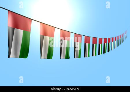 Belle illustration de drapeau de fête 3D - de nombreux drapeaux des Émirats arabes Unis ou bannières accrochées diagonales sur corde sur fond bleu ciel avec bokeh Banque D'Images