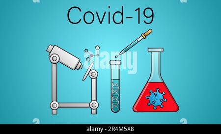 Étude médicale scientifique d'un vaccin contre les coronavirus dangereux mortels dans une épidémie pandémique, les virus Covid-19 microbe à l'aide d'un microscope et f Illustration de Vecteur