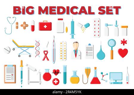 Un grand beau jeu de couleurs vives d'articles médicaux et d'outils d'une pharmacie ou d'un bureau de médecin, thermomètre comprimés seringues médicaments flacons sur un Illustration de Vecteur