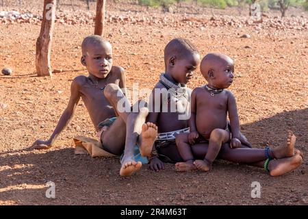 Enfants de Himba dans un village de Himba, Kaokoveld, Namibie, Afrique Banque D'Images